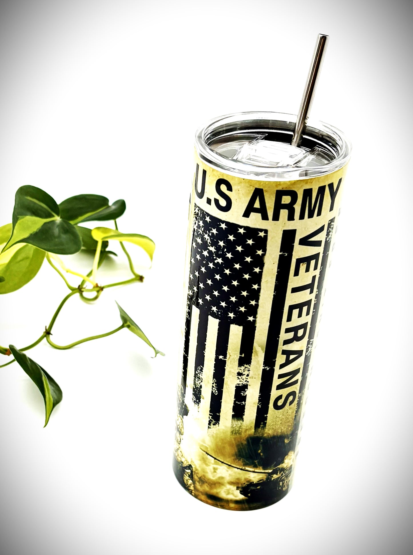 US ARMY VETERAN WITH FLAG 20 oz Stainless Steel Skinny Tumbler with Lid, Metal Straw & Gift Box - SewTrain