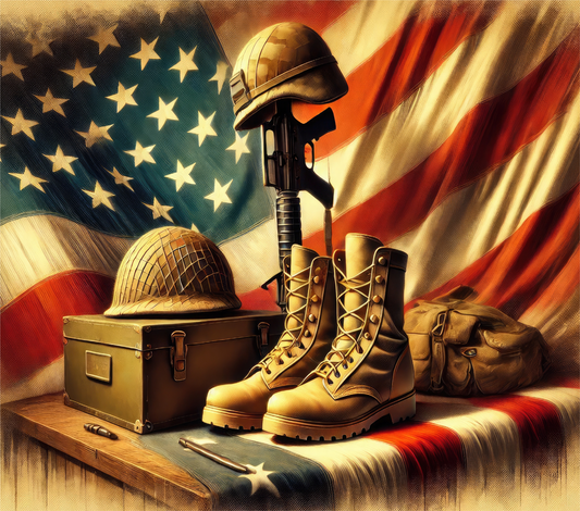 US MILITARY WITH FLAG, BOOTS, HELMET AND GUN 20 oz Stainless Steel Skinny Tumbler with Lid, Metal Straw & Gift Box - SewTrain