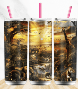AFRICIAN SAFARI WITH GIRAFFES 20 oz Stainless Steel Skinny Tumbler with Lid, Metal Straw & Gift Box - SewTrain