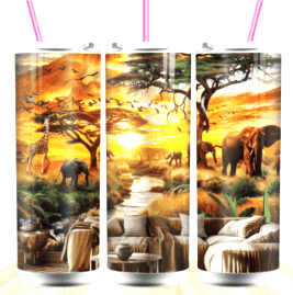 AFRICIAN SAFARI WITH ELEPHANTS 20 oz Stainless Steel Skinny Tumbler with Lid, Metal Straw & Gift Box - SewTrain