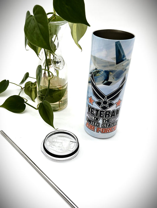 US AIRFORCE 20 oz Stainless Steel Skinny Tumbler with Lid, Metal Straw & Gift Box - SewTrain