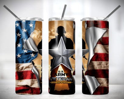 US Army Veteran 20 oz Stainless Steel Skinny Tumbler with Lid, Metal Straw & Gift Box