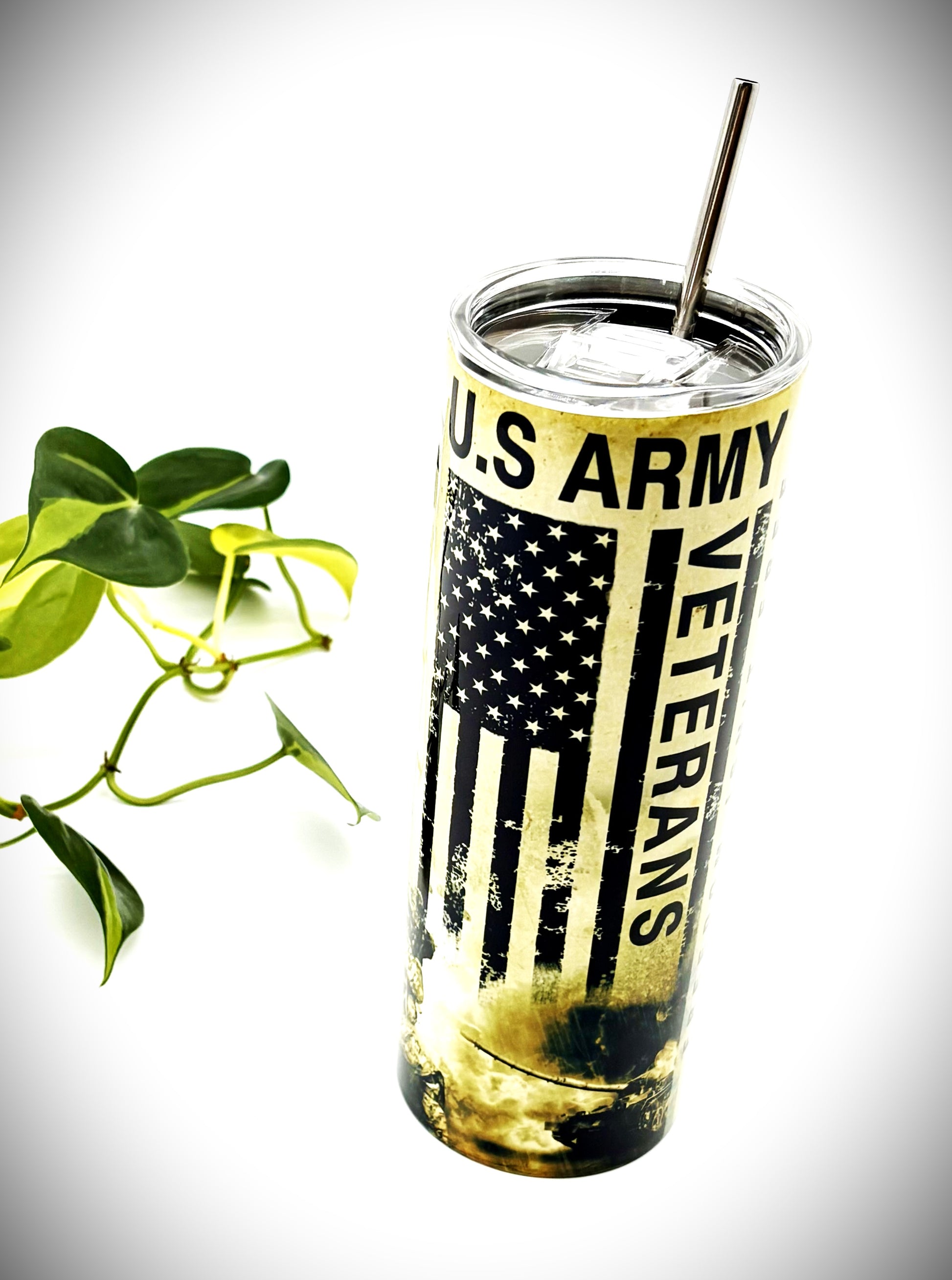 US ARMY VETERAN WITH FLAG 20 oz Stainless Steel Skinny Tumbler with Lid, Metal Straw & Gift Box - SewTrain