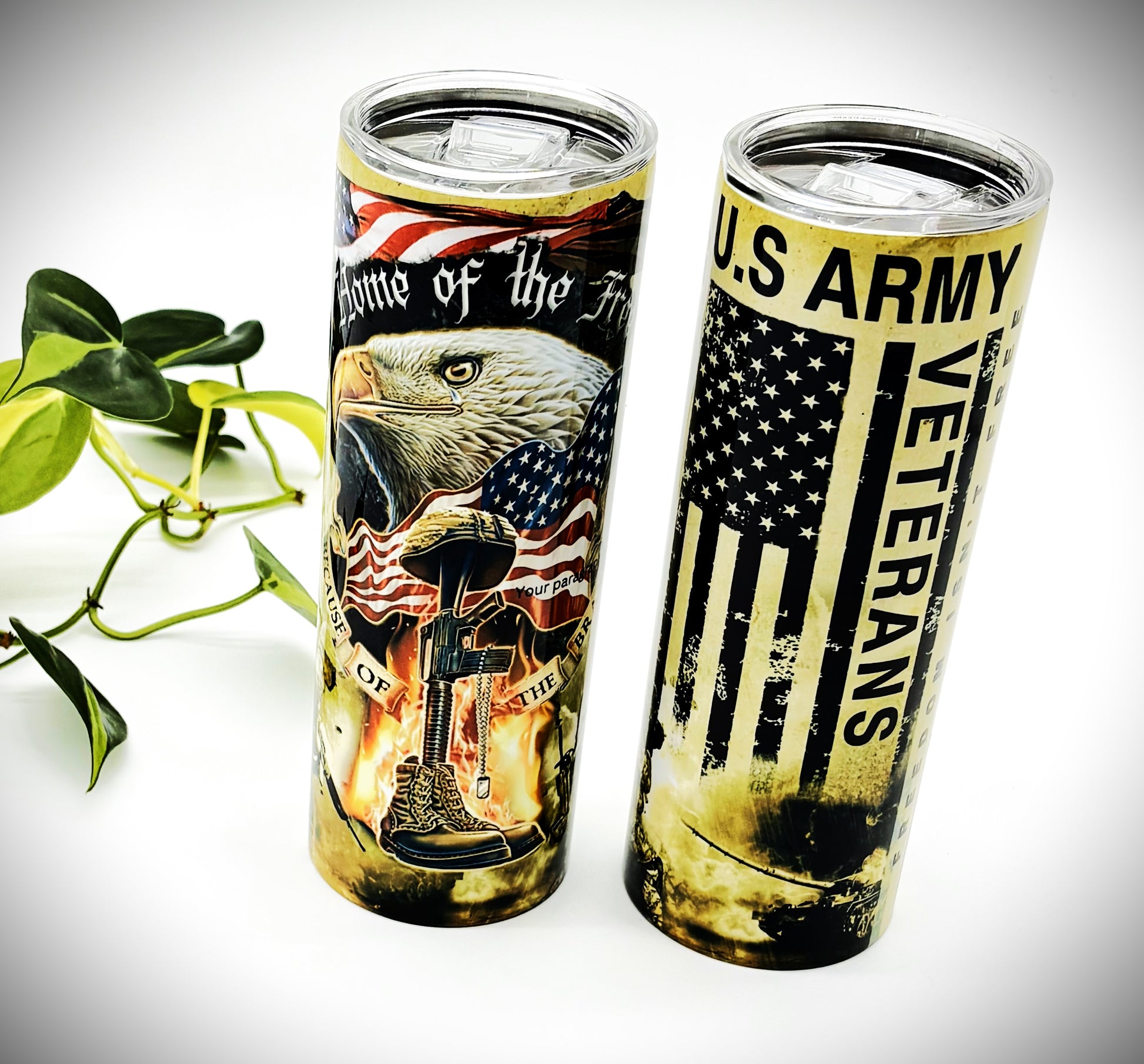 US ARMY VETERAN WITH FLAG 20 oz Stainless Steel Skinny Tumbler with Lid, Metal Straw & Gift Box - SewTrain