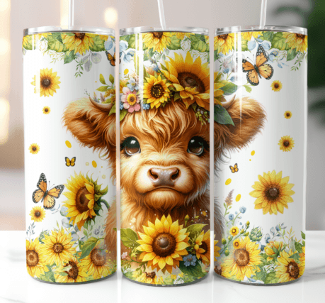 HIGHLAND COW with SUNFLOWERS AND BUTTERFLIES 20 oz Stainless Steel Skinny Tumbler with Lid, Metal Straw & Gift Box - SewTrain