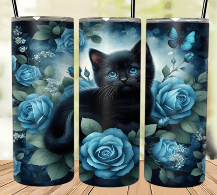 BLACK CAT 20 oz Stainless Steel Skinny Tumbler with Lid, Metal Straw & Gift Box - SewTrain