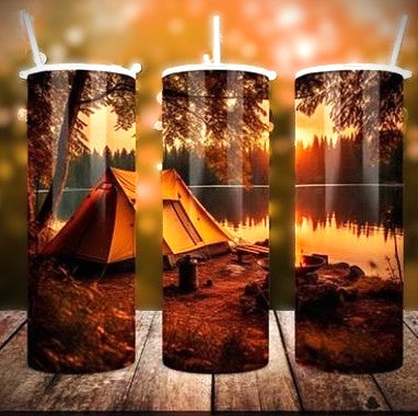 Camping 20 oz Stainless Steel Skinny Tumbler with Lid, Metal Straw & Gift Box