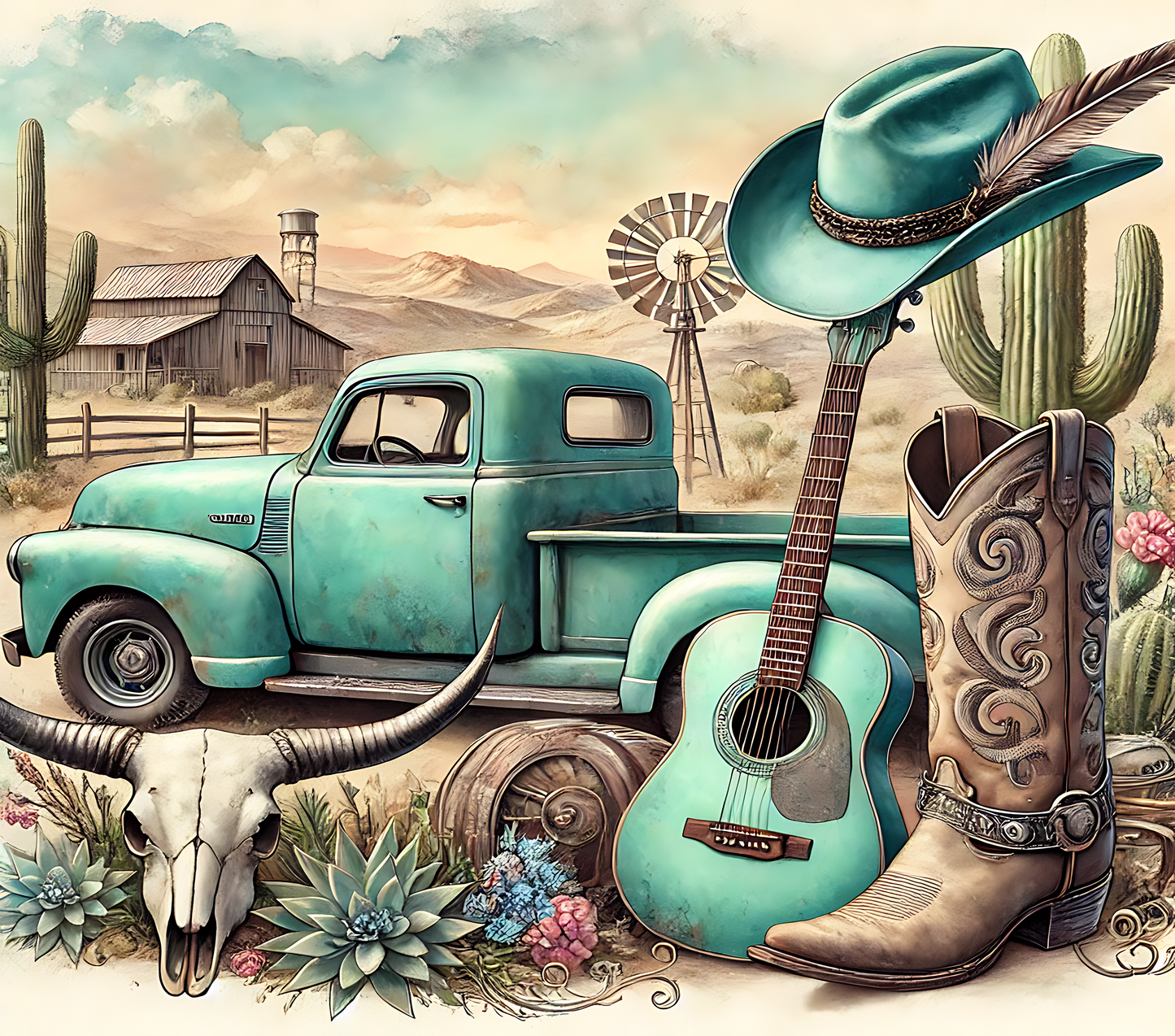 Farm Truck & Guitar Stainless Steel Skinny Tumbler with Lid, Metal Straw & Gift Box