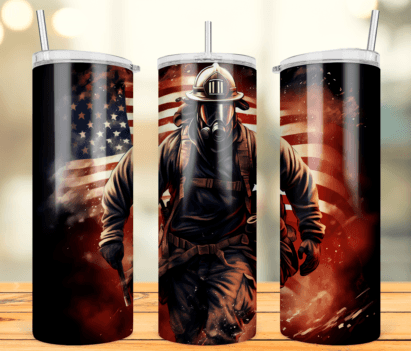 FIREMAN RUNNING 20 oz Stainless Steel Skinny Tumbler with Lid, Metal Straw & Gift Box - SewTrain