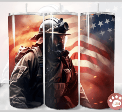 FIREFIGHTER WITH FLAG 20 oz Stainless Steel Skinny Tumbler with Lid, Metal Straw & Gift Box