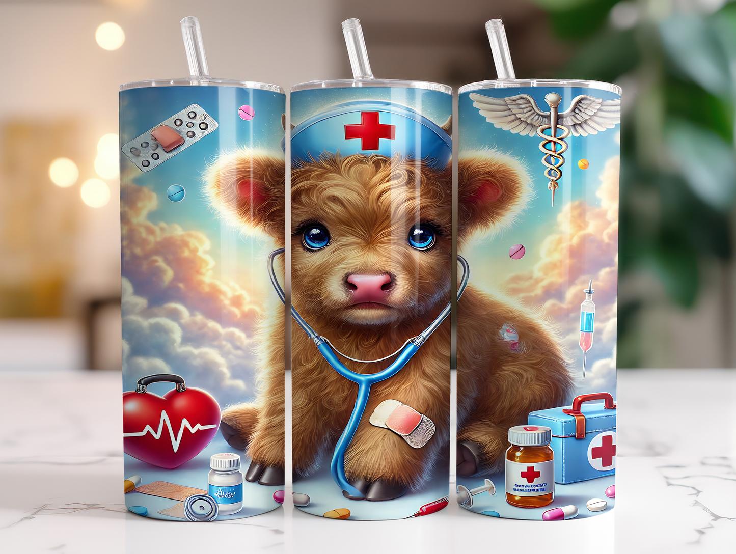 Nurse Highland Cow 20 oz Stainless Steel Skinny Tumbler with Lid, Metal Straw & Gift Box - SewTrain