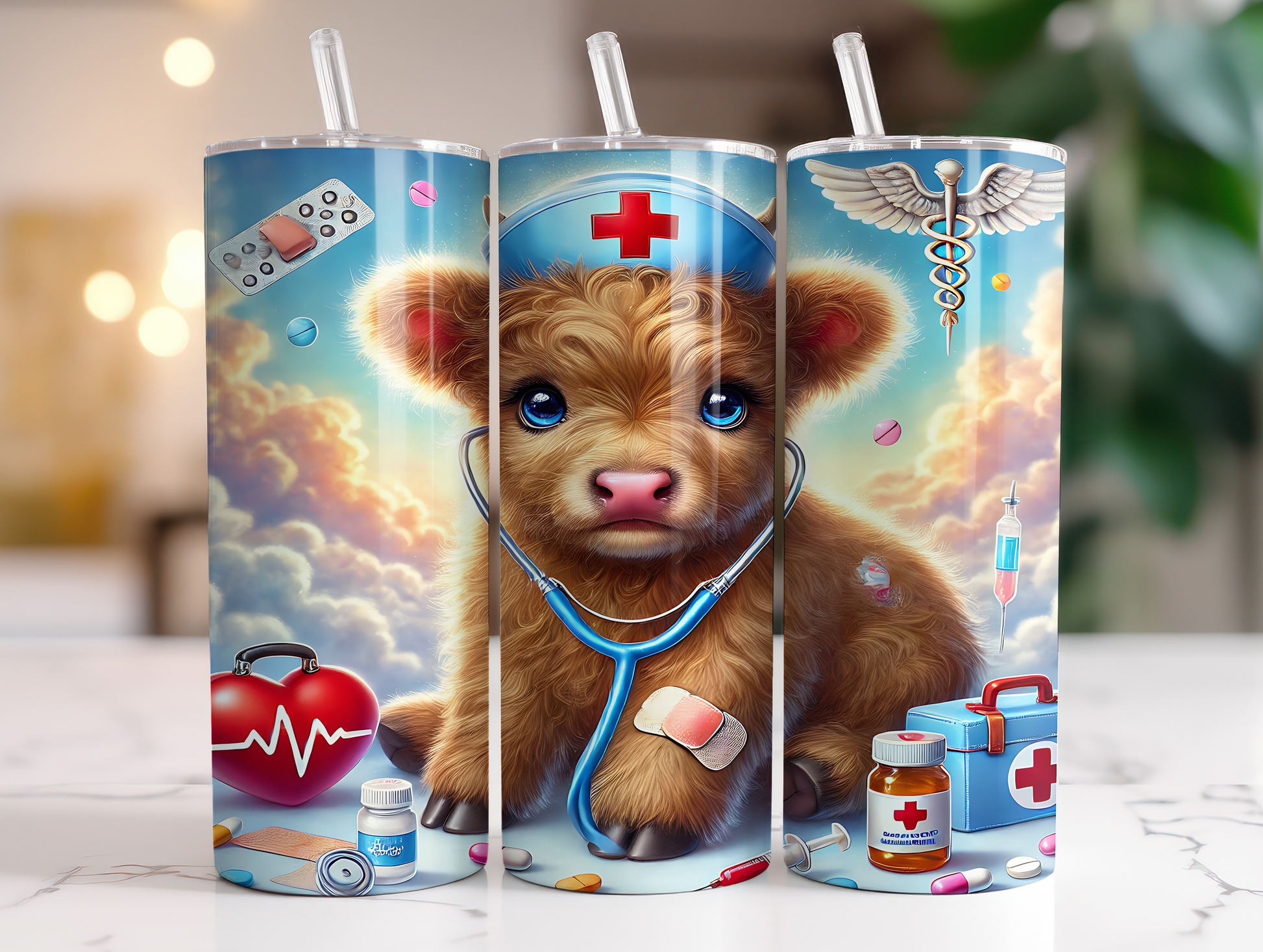 Nurse Highland Cow 20 oz Stainless Steel Skinny Tumbler with Lid, Metal Straw & Gift Box - SewTrain