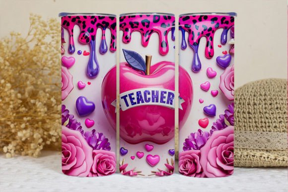 PINK APPLE TEACHER 20 oz Stainless Steel Skinny Tumbler with Lid, Metal Straw & Gift Box - SewTrain