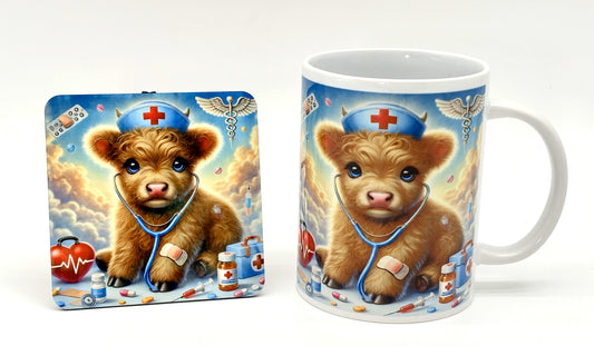 Nurse Highland Cow Mug and Coaster Set with Cork Backing - SewTrain