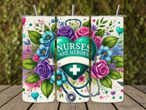 NURSES ARE HEROES 20 oz Stainless Steel Skinny Tumbler with Lid, Metal Straw & Gift Box - SewTrain