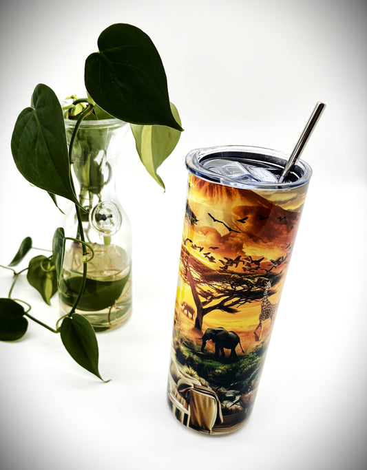 AFRICIAN SAFARI WITH ELEPHANTS 20 oz Stainless Steel Skinny Tumbler with Lid, Metal Straw & Gift Box - SewTrain