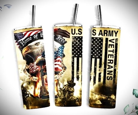 US ARMY VETERAN WITH FLAG 20 oz Stainless Steel Skinny Tumbler with Lid, Metal Straw & Gift Box - SewTrain