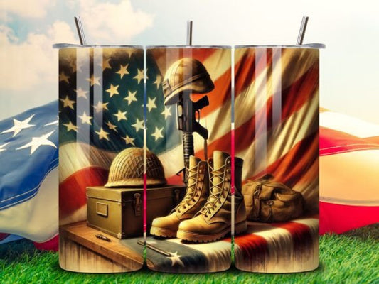 US MILITARY WITH FLAG, BOOTS, HELMET AND GUN 20 oz Stainless Steel Skinny Tumbler with Lid, Metal Straw & Gift Box - SewTrain