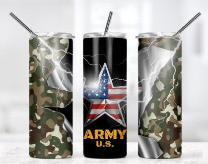 US ARMY WITH STAR FLAG 20 oz Stainless Steel Skinny Tumbler with Lid, Metal Straw & Gift Box