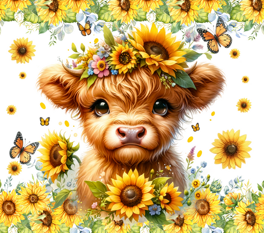 HIGHLAND COW with SUNFLOWERS AND BUTTERFLIES 20 oz Stainless Steel Skinny Tumbler with Lid, Metal Straw & Gift Box - SewTrain